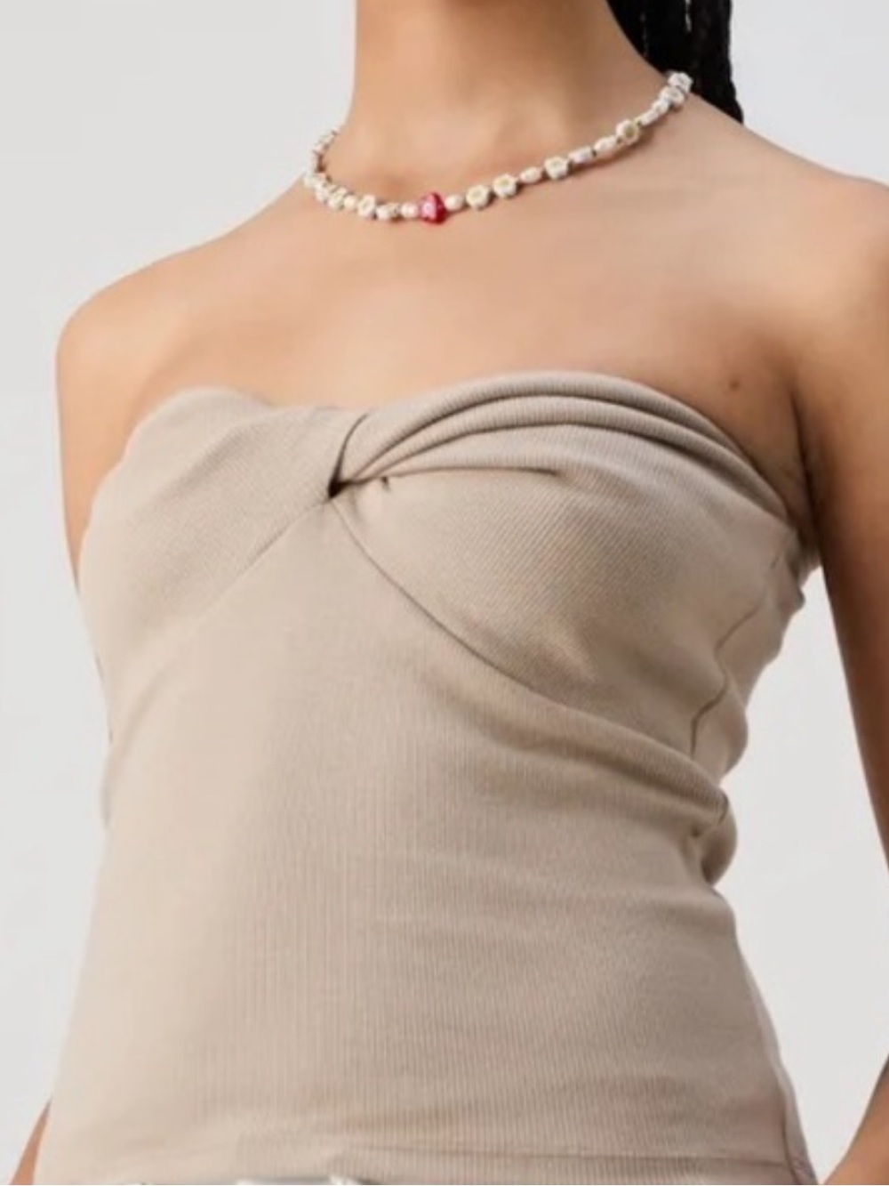 Abercrombie & Fitch Ribbed Twist Front Strapless Top in Taupe Small